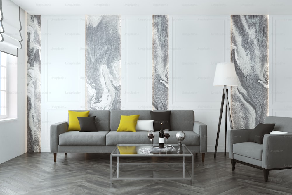 Sala de estar de parede branca e cinza com piso de madeira, sofá e poltrona cinza e uma grande janela. Modelo de renderização 3D