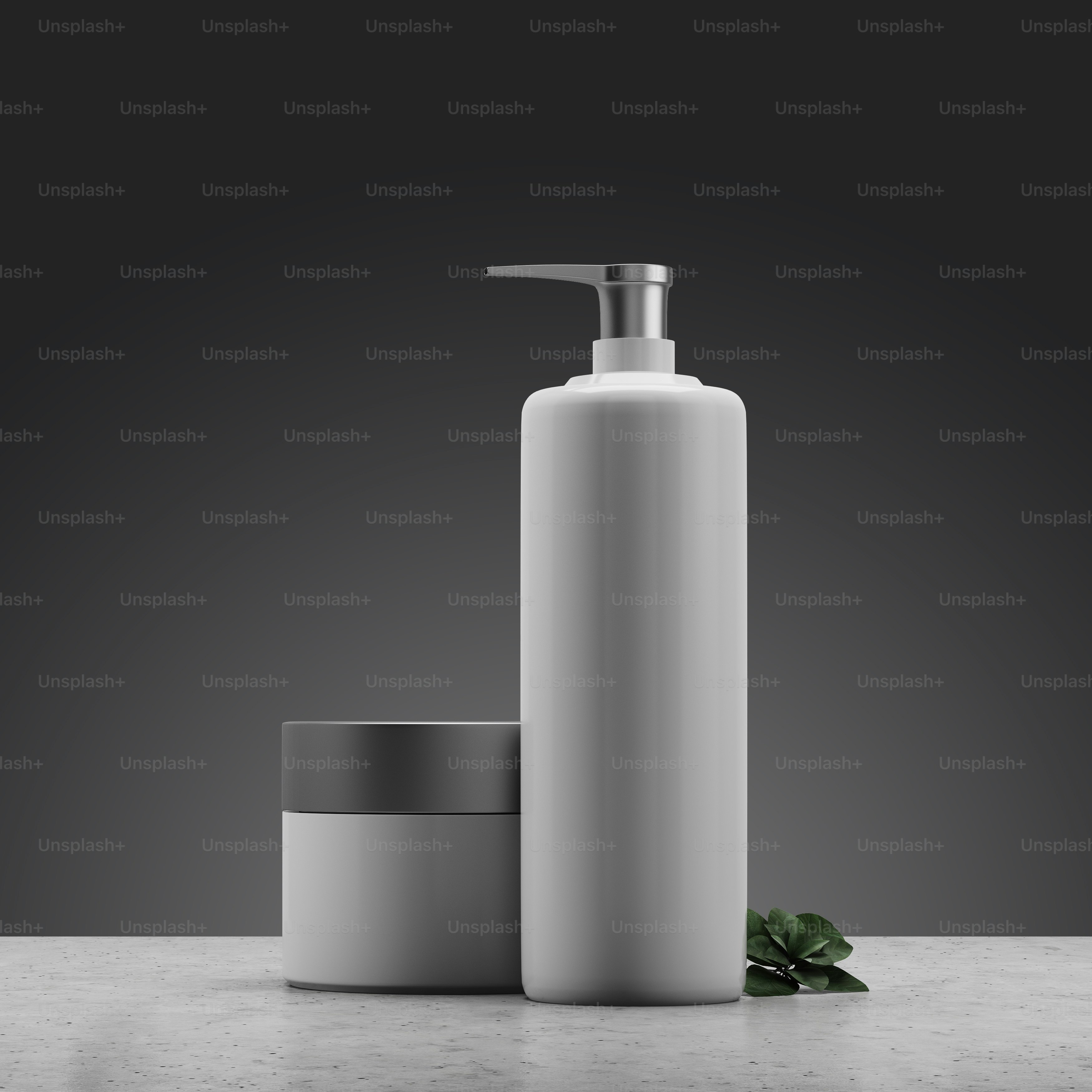 Two white cream jars with silver covers are standing on a table against a gray background. Close up 3d rendering mock up