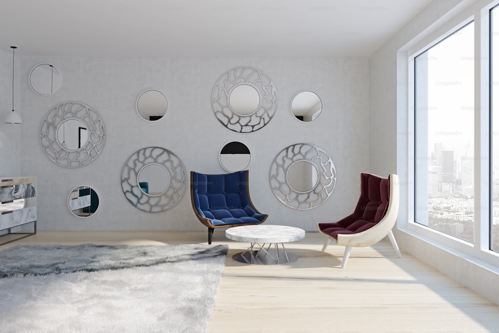 Red and blue armchairs in modern living room with round mirrors on the wall and a panoramic window. Close up 3d rendering mock up