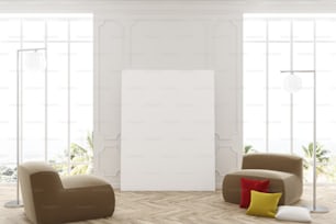 Interno del soggiorno bianco con un pavimento in legno, due grandi finestre con un poster tra di loro e due poltrone morbide. Mock up di rendering 3D