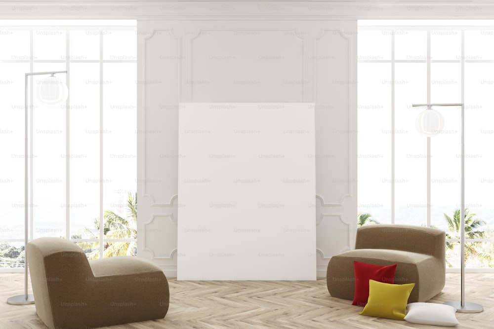 나무 바닥이 있는 흰색 거실 인테리어, 포스터가 있는 두 개의 큰 창문, 두 개의 부드러운 안락의자. 3d 렌더링 모형