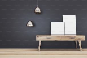 Interior minimalista de la sala de estar con piso de madera, paredes negras y una cómoda con dos carteles enmarcados. Maqueta de renderizado 3D