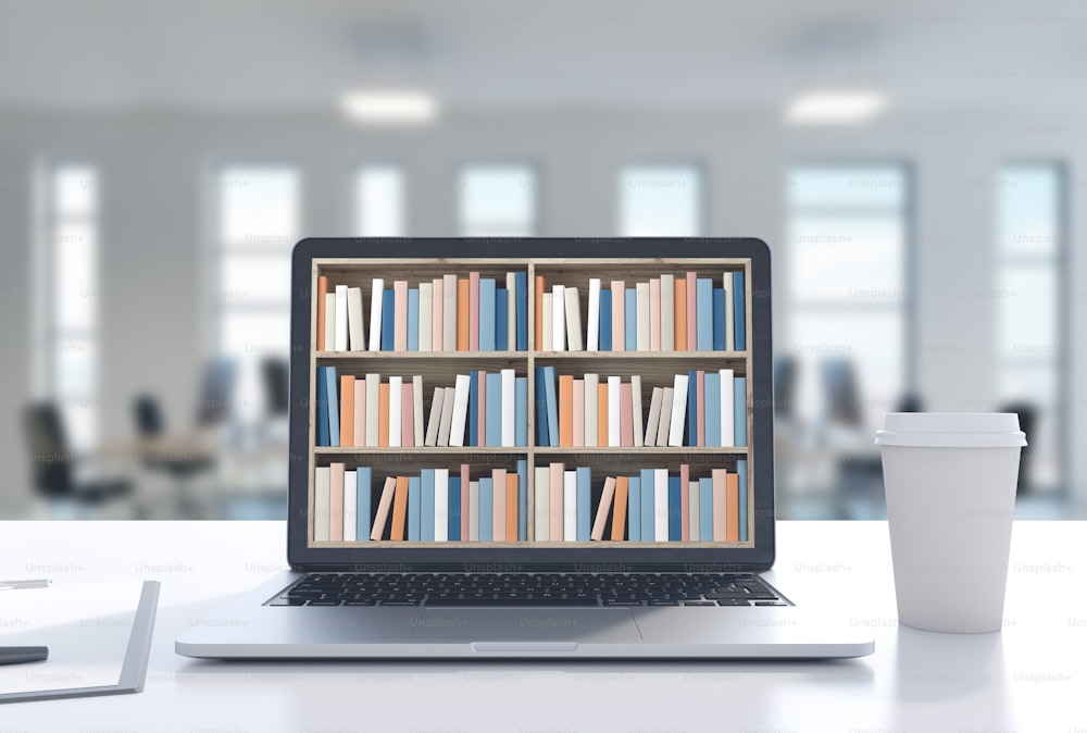 Laptop with bookshelves on its screen is standing on a white desk. A blurred office background. A coffee cup. 3d rendering mock up toned image