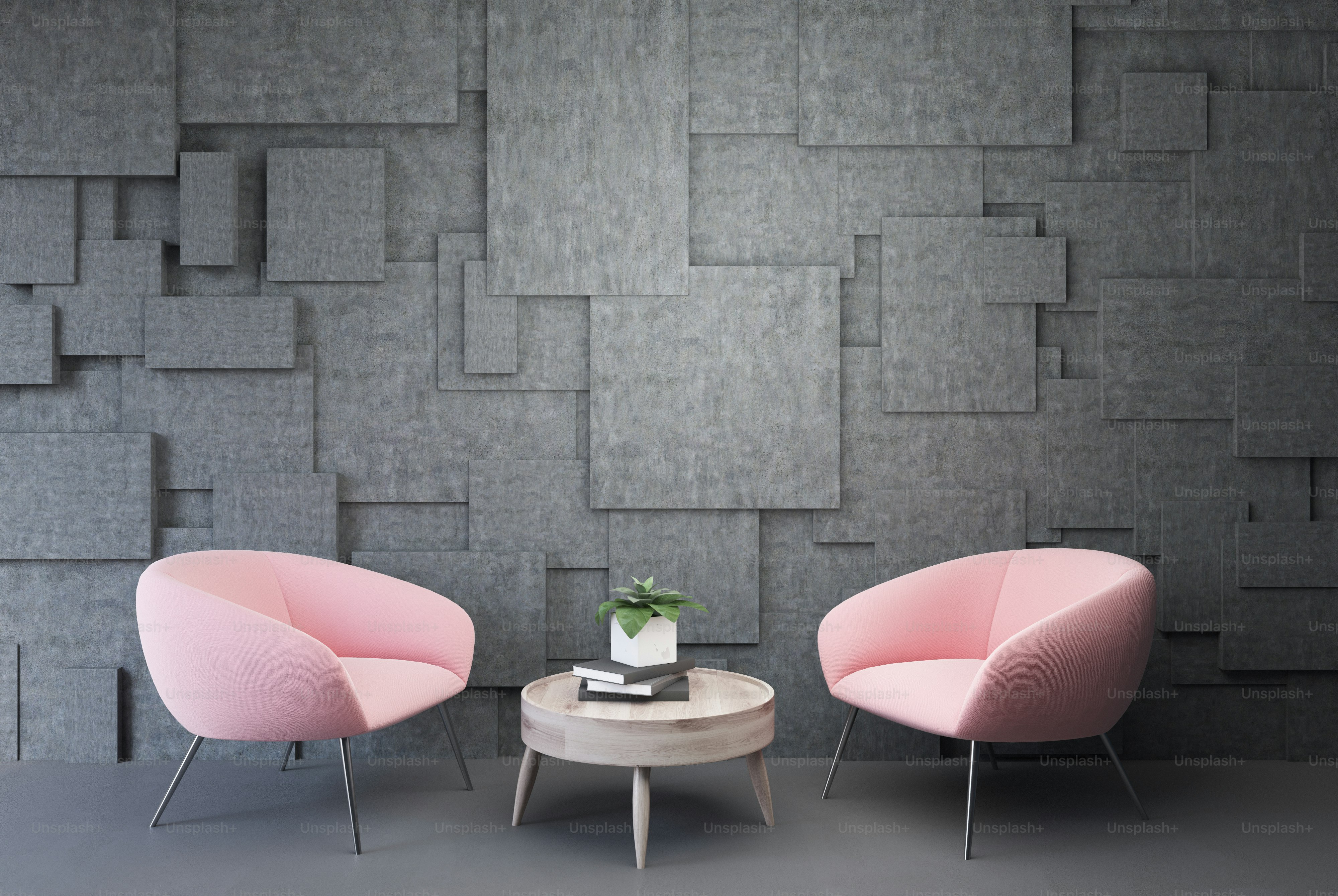 Graues Wohnzimmer mit rosa Sesseln, die in der Nähe eines runden Couchtisches stehen. 3D-Rendering-Mock-up