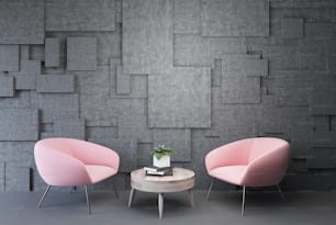 Gray living room interior with pink armchairs standing near a round coffee table. 3d rendering mock up