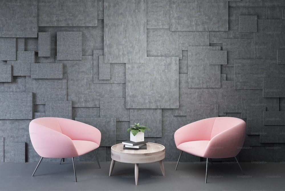 Interior cinzento da sala de estar com poltronas cor-de-rosa em pé perto de uma mesa de café redonda. Modelo de renderização 3D