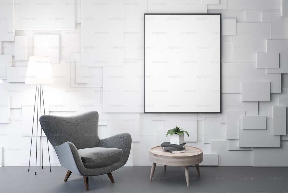 Interior branco da sala de estar com uma poltrona cinza com um pôster vertical emoldurado pendurado acima dele. Uma mesa de centro redonda 3d renderização maquete