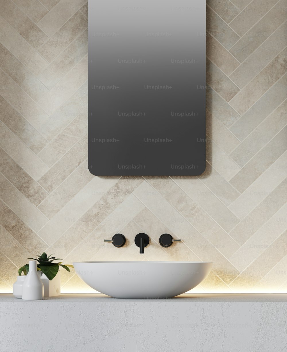 White bathroom sink near a white brick like wall with a large round mirror hanging above it. Side view. 3d rendering