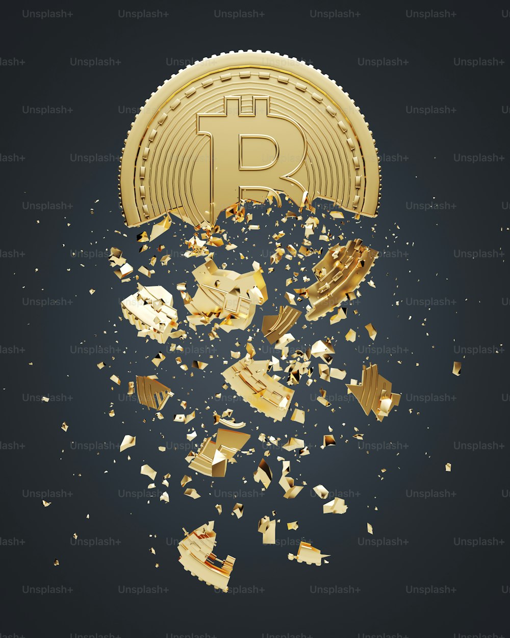 Bitcoin d'oro che cade a pezzi. Concetto di crisi del mercato delle criptovalute. Uno sfondo nero. Mock up di rendering 3D