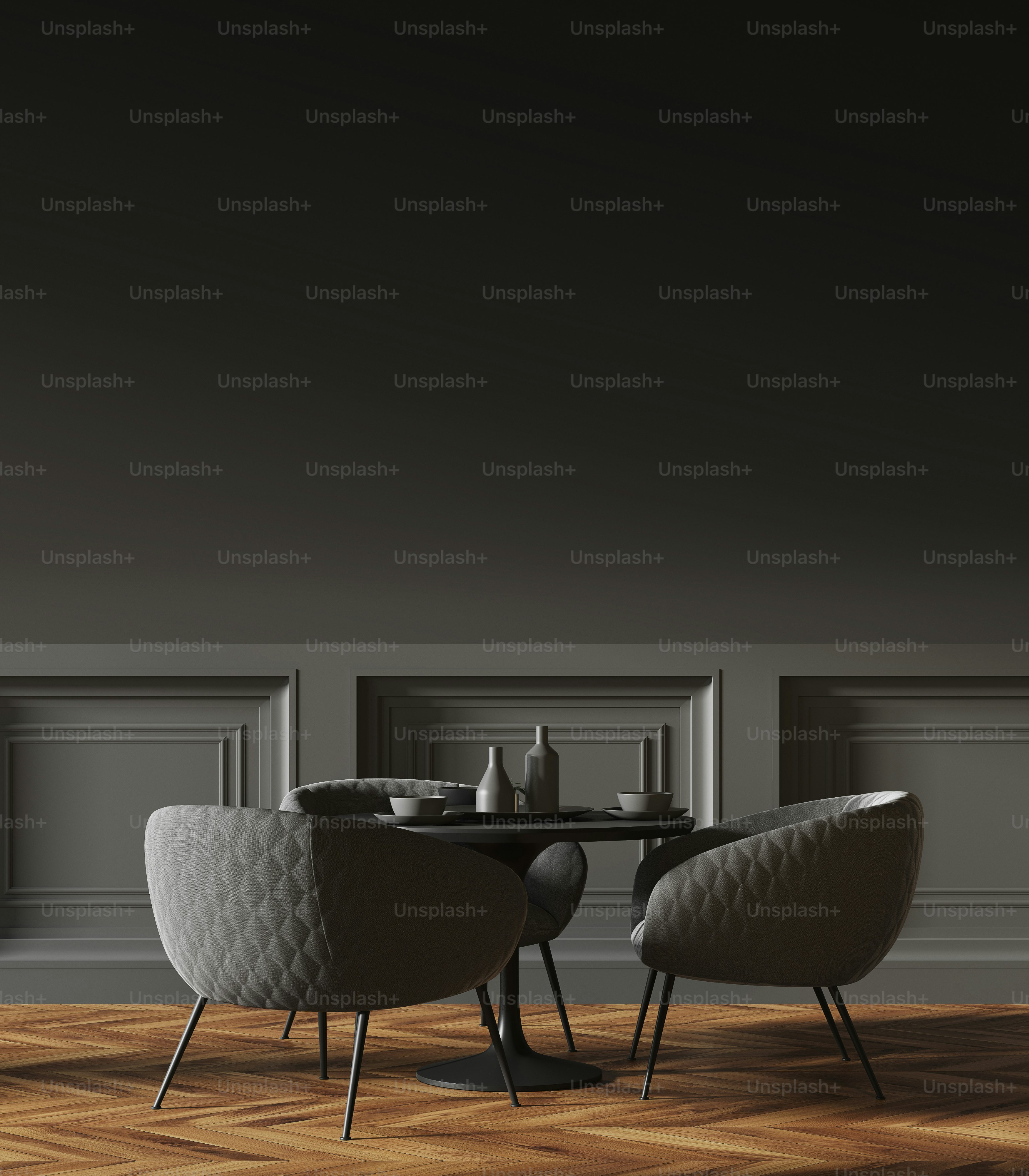 Black round table standing in a cafe with gray chairs near it and a dark gray wall in the background. 3d rendering mock up