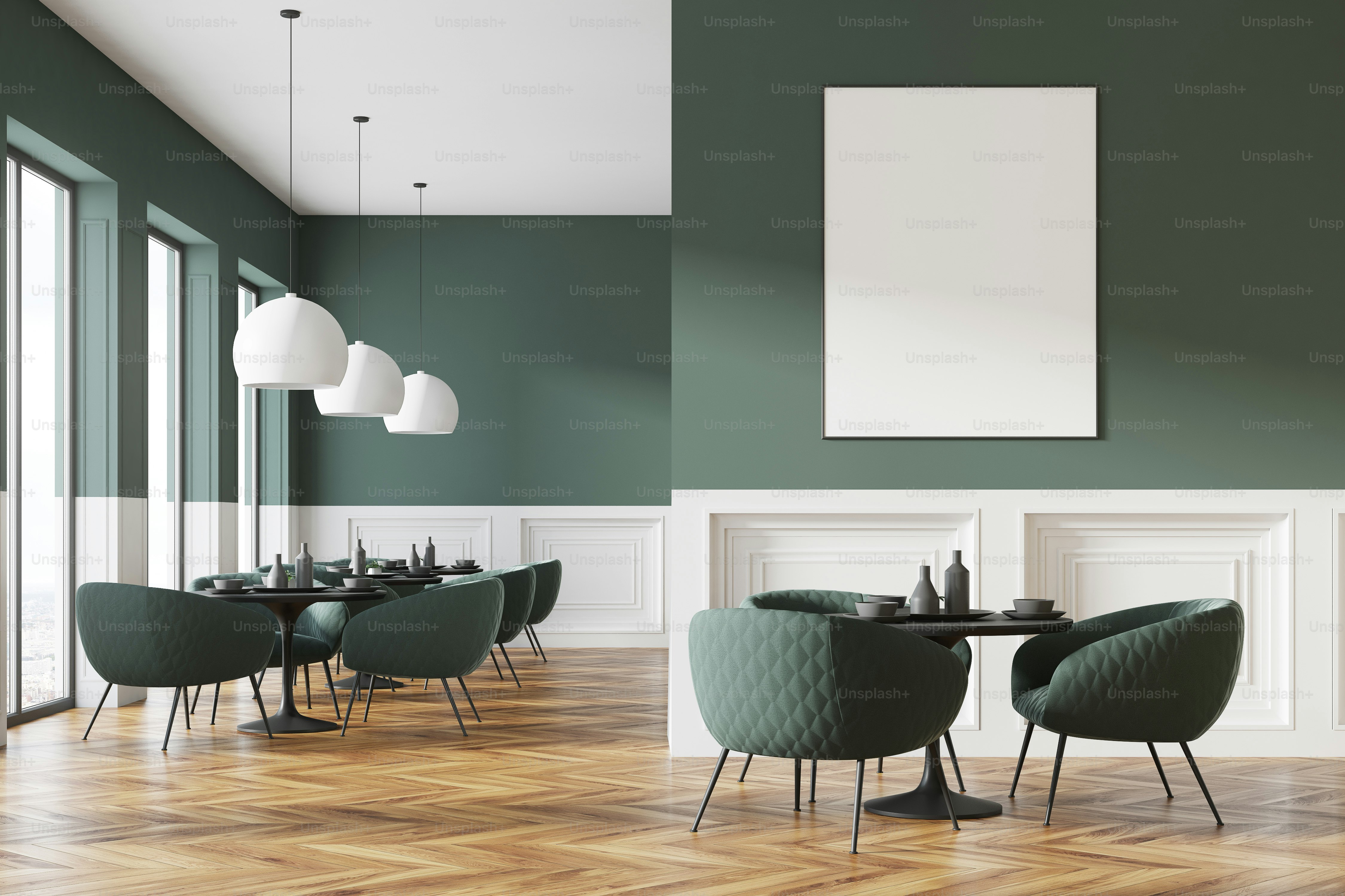 Gray and white restaurant inerior with a wooden floor and dark gray chairs near round tables. 3d rendering mock up