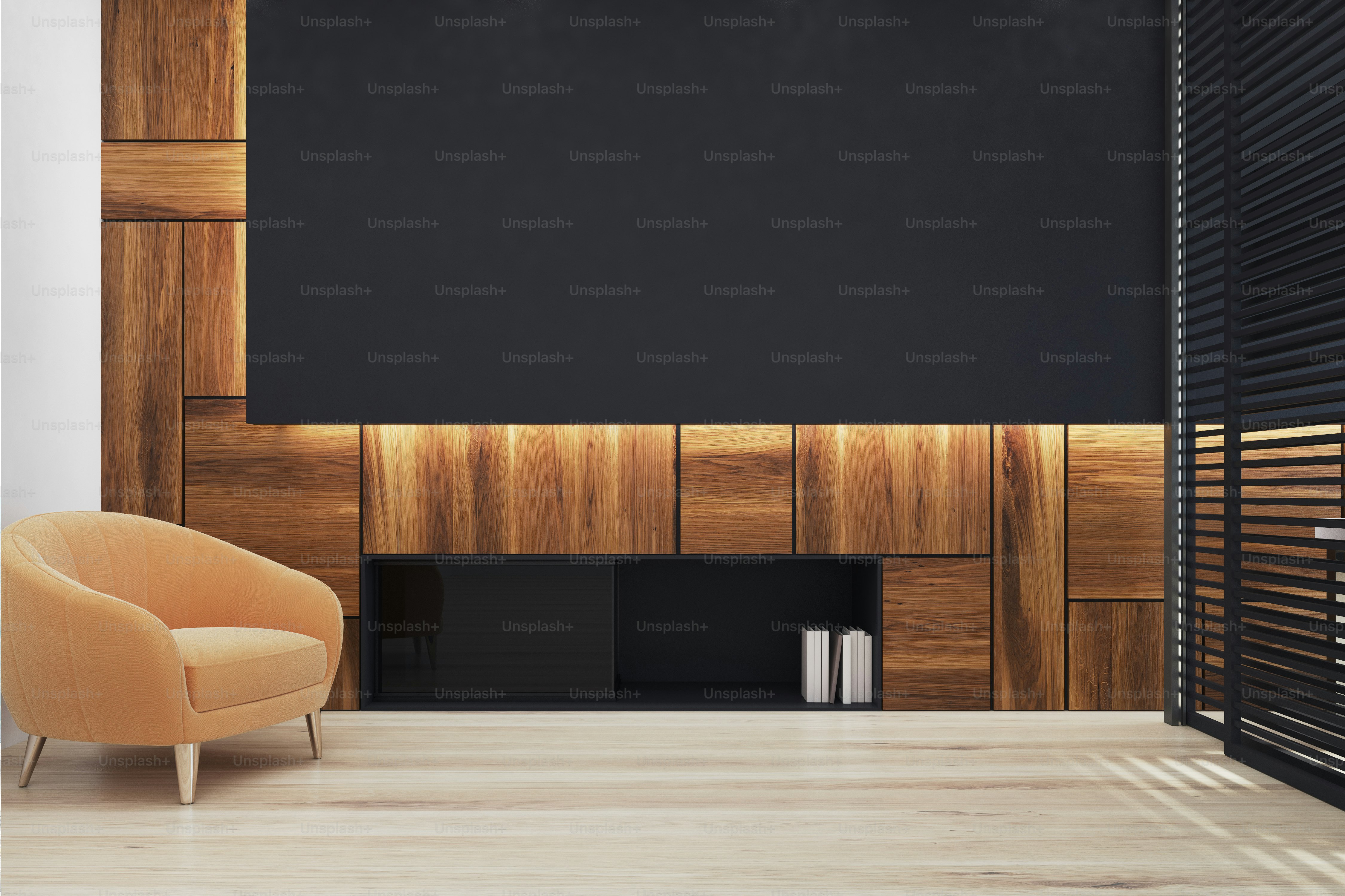 Ruang tunggu kantor hitam dan kayu kosong dengan rak buku di sudut dan kursi berlengan kuning. Mock Up Rendering 3D