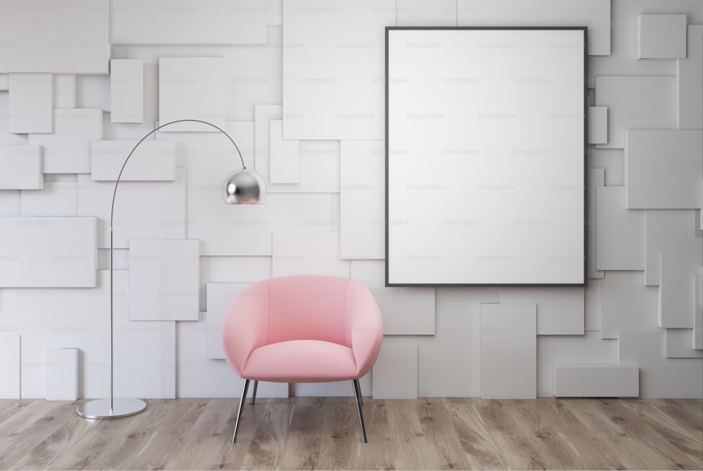 White living room interior with a pink armchair with a framed vertical poster hanging above it. 3d rendering mock up