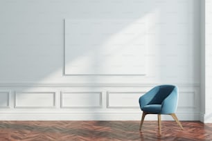 Interno del soggiorno bianco con un pavimento in legno, una poltrona blu e un poster orizzontale sul muro. Mock up di rendering 3D