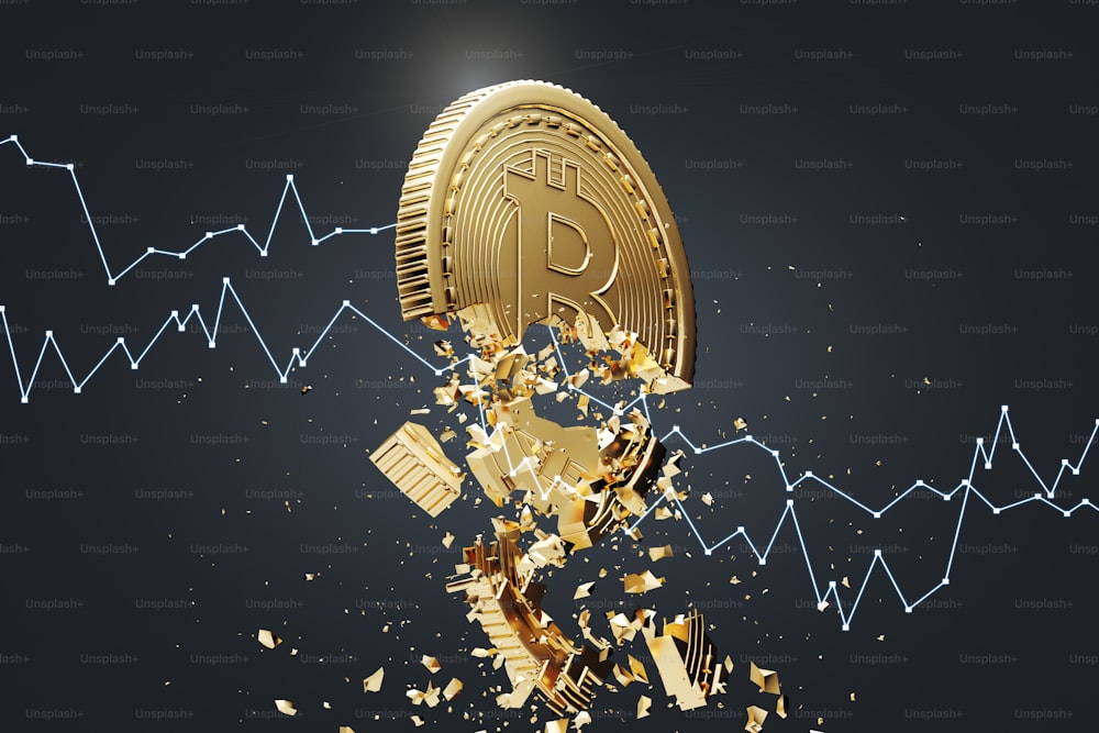 Gold bitcoin falling apart. A graph is crashing it. Concept of a cryptocurrency market crisis. A black background. A side view. 3d rendering mock up