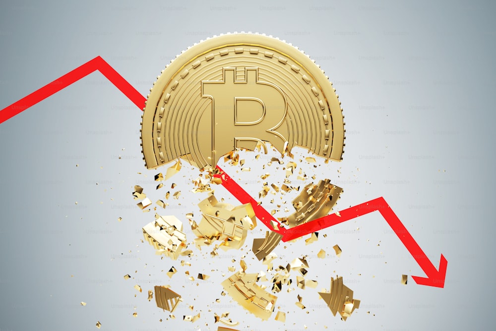 Gold, Bitcoin, das auseinanderfällt. Ein Diagramm stürzt ab. Konzept einer Kryptowährungsmarktkrise. Ein grauer Hintergrund. 3D-Rendering-Mock-up