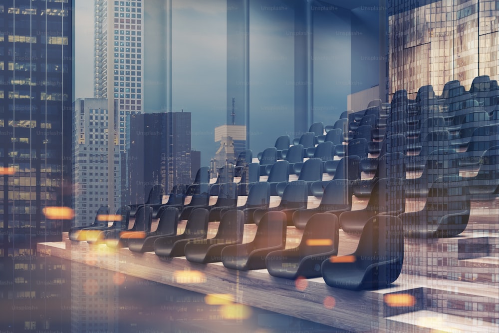 Modern cinema interior corner with dark walls, a concrete floor, and black chairs. 3d rendering mock up toned image double exposure