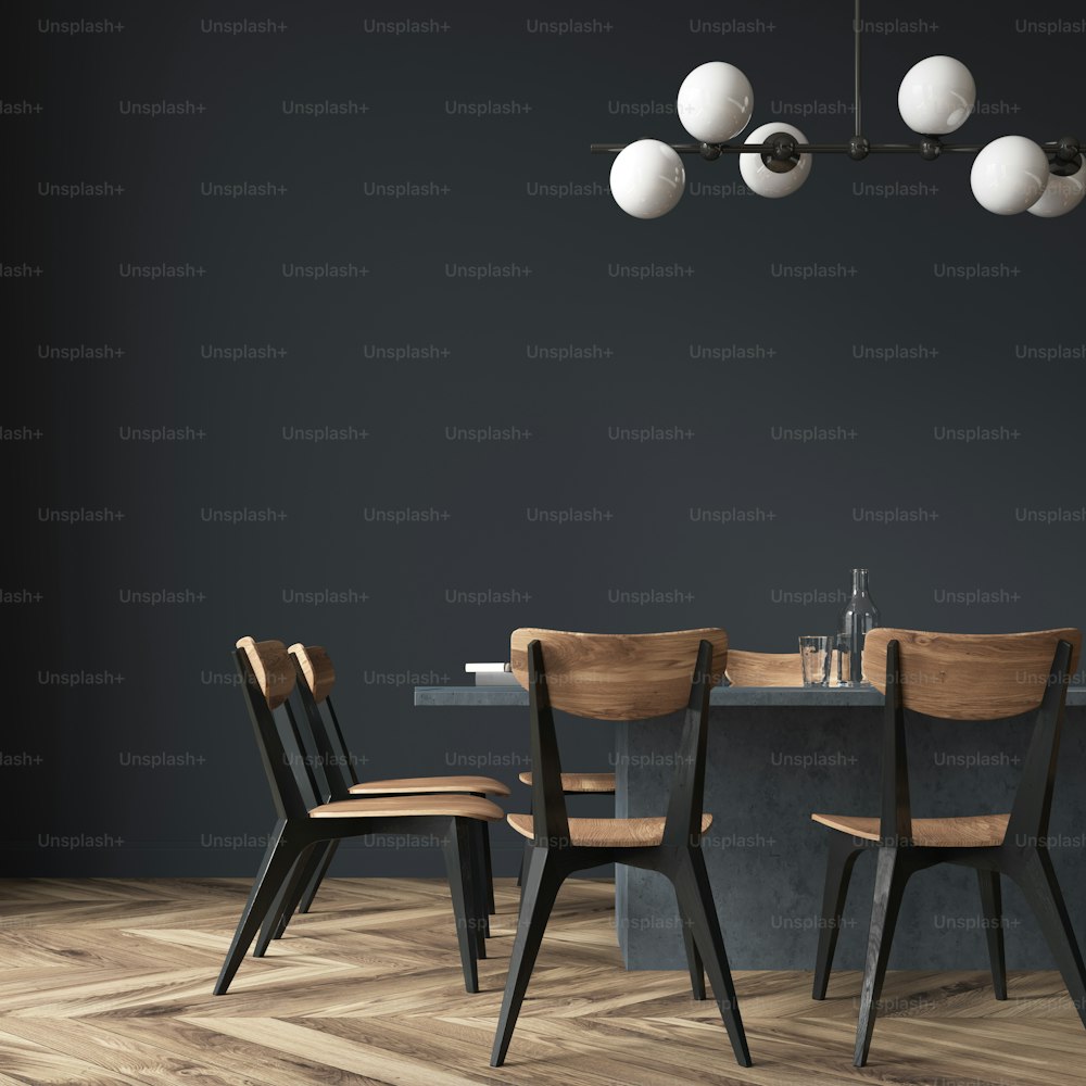 Long black dining room table with black and wooden chairs standing in a black room. 3d rendering mock up close up