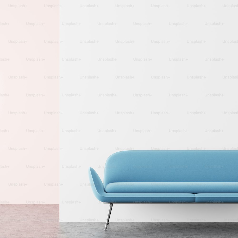 Minimalistic living room interior with white and pink walls, and a soft pastel blue sofa standing on a concrete floor. 3d rendering mock up