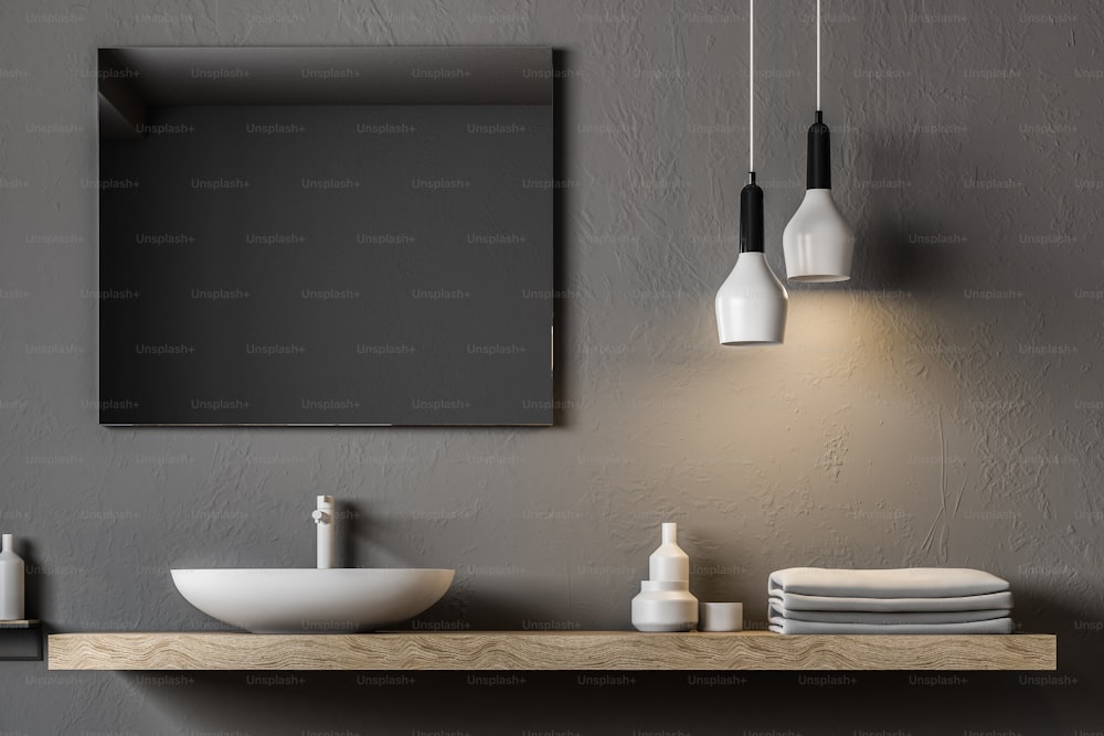 Gray bathroom sink standing on a wooden shelf. A square mirror hanging on a gray wall. A close up. 3d rendering