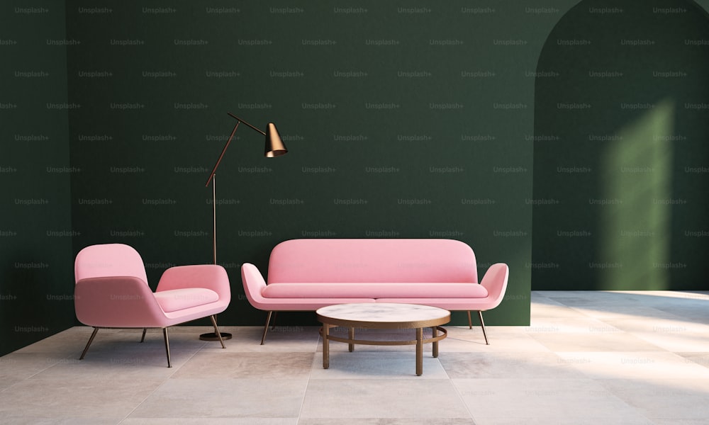 Living room interior with dark green walls, a checkered floor, a coffee table and a pink couch with an armchair near it. 3d rendering mock up