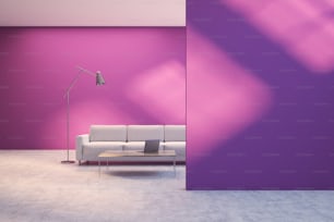 Elegante soggiorno interno con pareti viola, un pavimento in cemento e un divano bianco vicino a un tavolino da caffè. Un muro modello. Rendering 3D