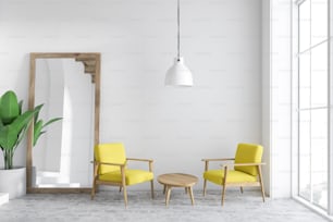 Gelbe Sessel Wohnzimmer Innenraum mit weißen Wänden, Loft-Fenstern, einem Betonboden und einem vertikalen Rahmenspiegel, der neben einer Topfpflanze steht. 3D-Rendering