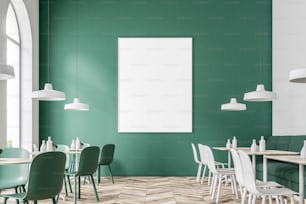Grüne und weiße Wand Café Interieur mit Bogenfenstern und weißen und grünen Stühlen. Ein Poster. Konzept des Geschäftsessens. 3D-Rendering-Mock-up
