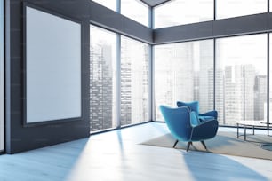 Penthouse living room corner with a wooden floor, a blue armchair and a frame vertical poster. 3d rendering mock up