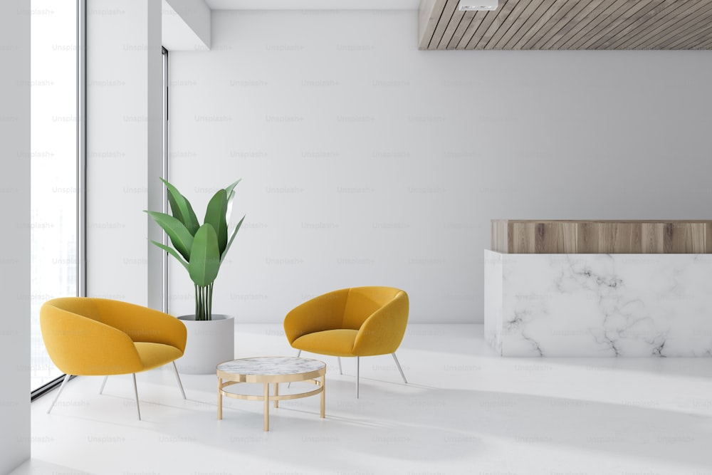 Interno della sala d'attesa dell'ufficio a parete bianca con pavimento in marmo, una reception e un tavolino con poltrone gialle. Mock up di rendering 3D