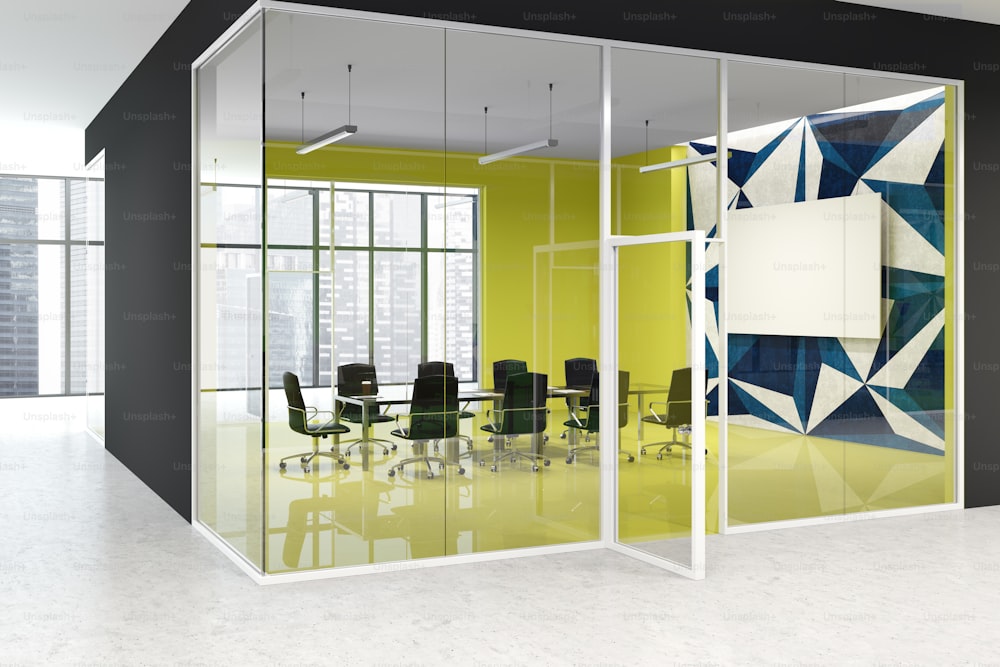 Bright yellow boardroom corner with panoramic windows and a king size table surrounded by black office chairs. Glass walls and door. Company lobby. A horizontal mock up poster. 3d rendering