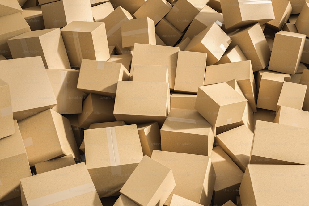 Vista superior de una pila de cajas de cartón cerradas. Concepto de entrega de bienes, consumismo y sobreproducción. Maqueta de renderizado 3D