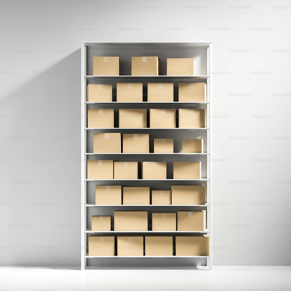 Weißer Schrank mit geschlossenen Pappkartons auf jedem Regal, der in einem weißen Wandraum steht. Konzept der Warenlieferung, des Marketings und des Kleinunternehmens. 3D-Rendering-Mock-up