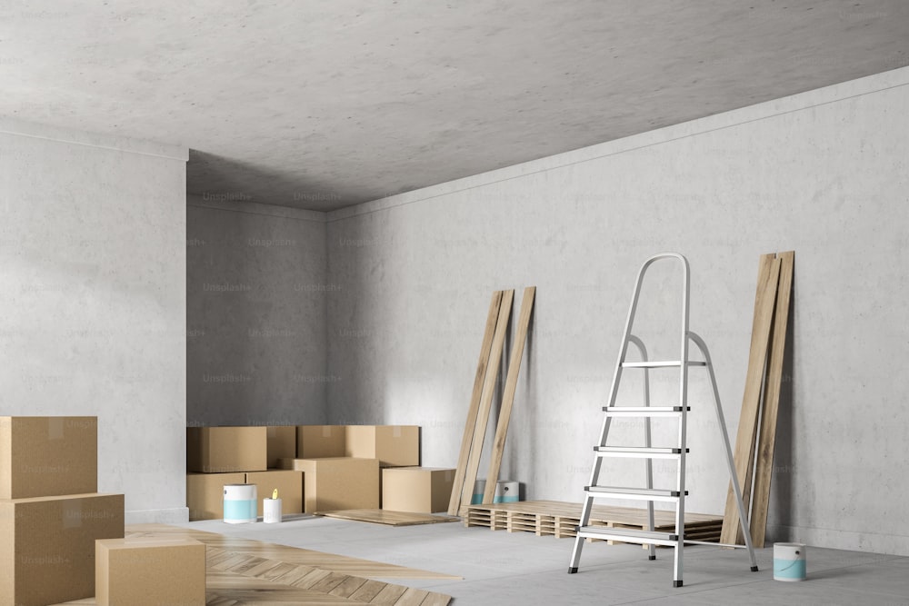 Empty white room corner with white walls, an unfinished wooden floor, a large window and stacks of closed cardboard boxes. A ladder. Concept of renovation. 3d rendering mock up