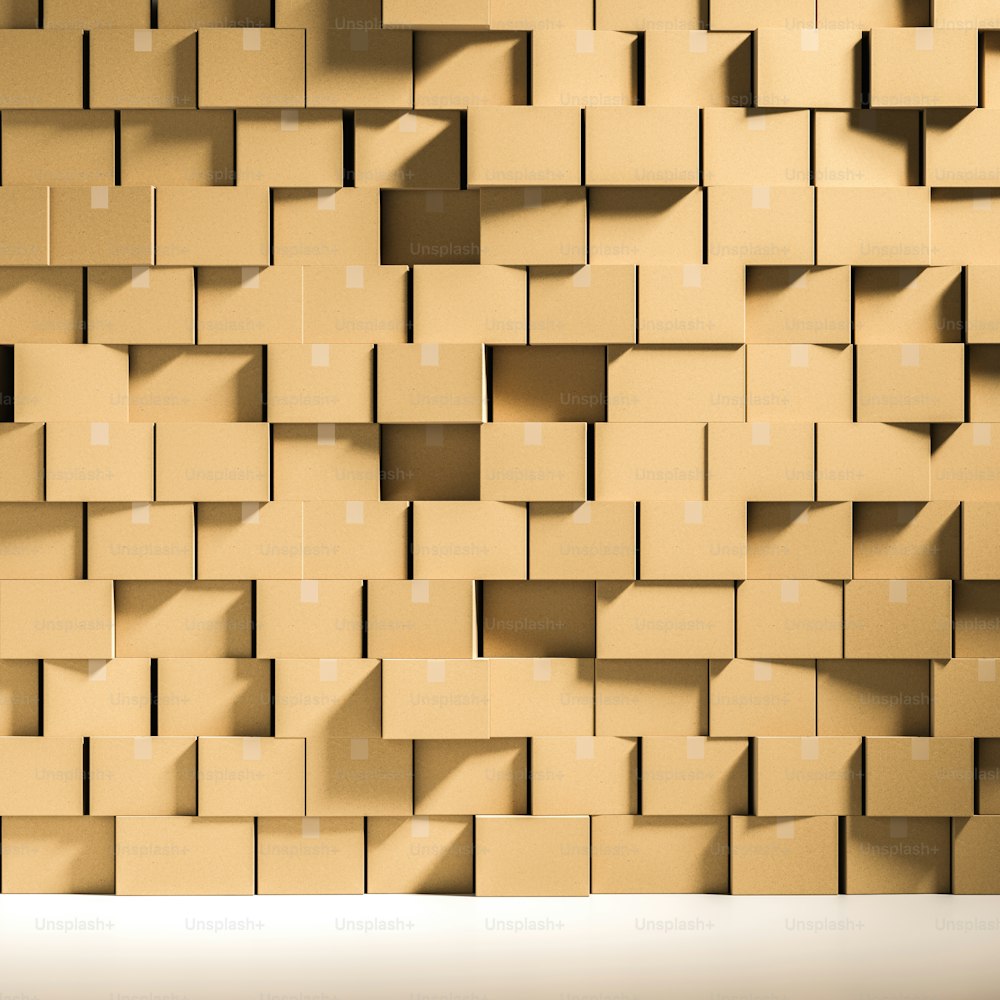 Wall made of closed cardboard boxes stacked in an empty room with a white floor. Concept of delivering goods, consumerism and overproduction. 3d rendering mock up