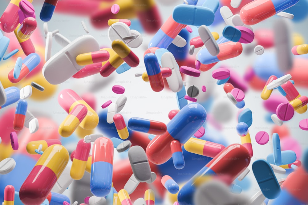 Gelbe, blaue, rote und grüne Pillen und ihre Kombinationen fallen über verschwommenen Pillenhintergrund. Konzept der Medizin, Drogenabhängigkeit und Wissenschaft. 3D-Rendering-Mock-up