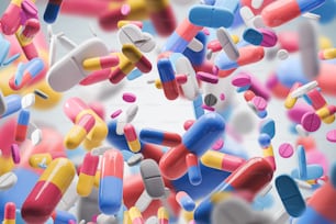 Yellow, blue, red and green pills and their combinations falling over blurred pills background. Concept of medicine, drug addiction and science. 3d rendering mock up