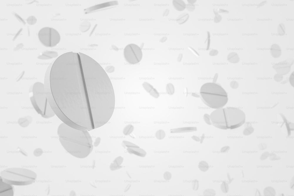 Weiße runde Pillen, die über weißen Hintergrund fallen. Konzept der Medizin, Drogenabhängigkeit und Wissenschaft. 3D-Rendering-Mock-up