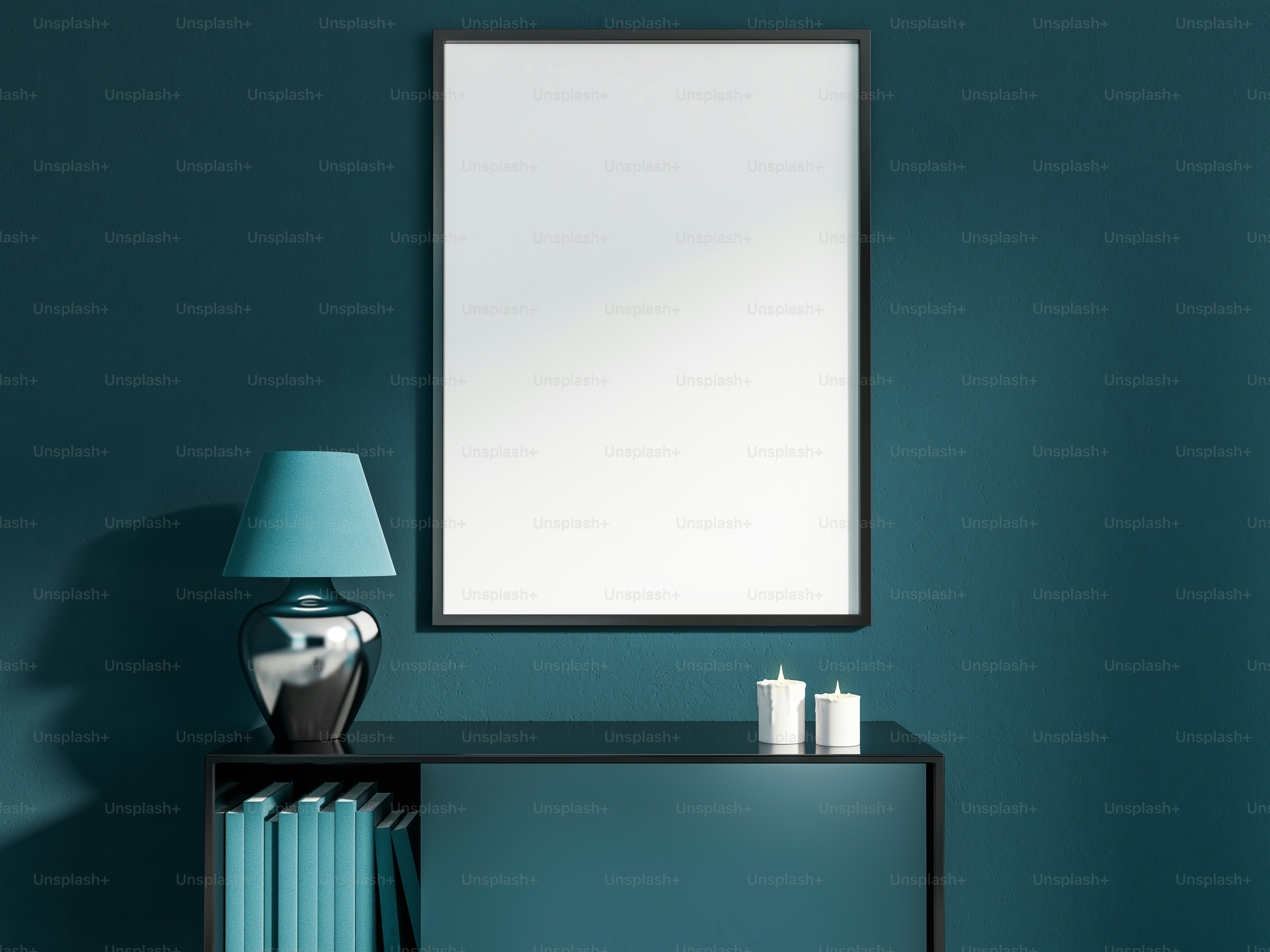 Interior of living room with dark green walls, a cabinet with books, candles and lamp and vertical mock up poster frame. 3d rendering