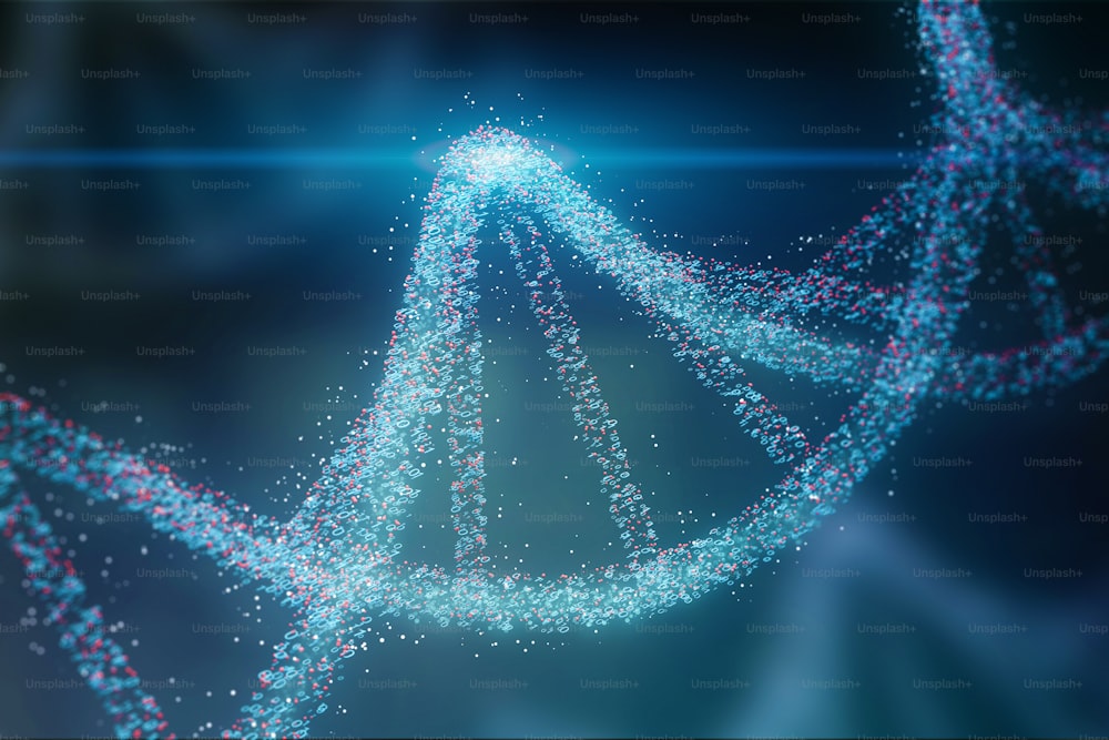 濃い青の背景に青と赤の粒子DNAらせんが輝く。遺伝学、科学、医学のコンセプト。バイオ テクノロジー。3Dレンダリングコピースペーストーン画像