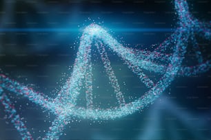 Blaue und rote Partikel DNA-Helix leuchten auf dunkelblauem Hintergrund. Konzept der Genetik, Wissenschaft und Medizin. Biotech. 3D-Rendering Kopierraum getöntes Bild