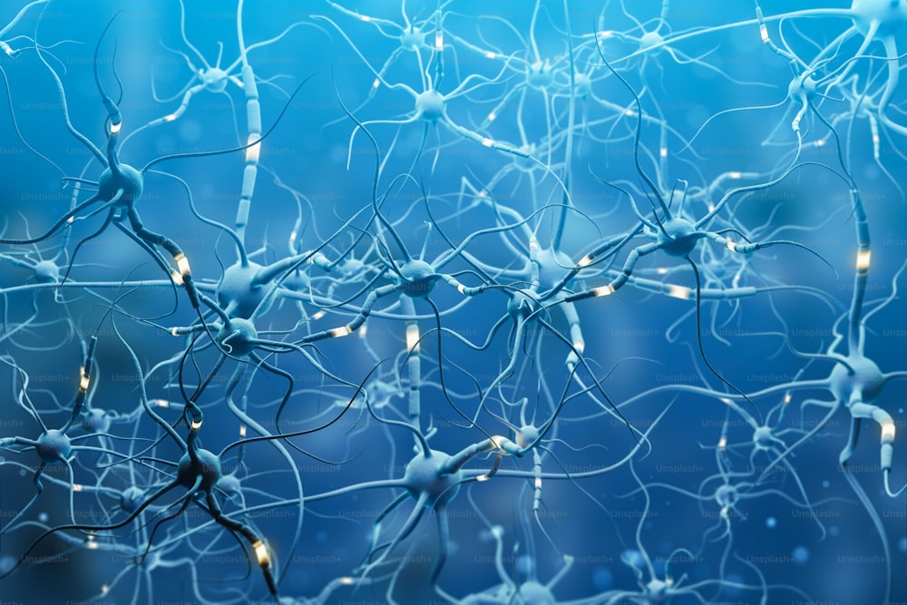 Blue neurons with glowing segments over blue background. Neuron interface and computer science concept. 3d rendering copy space