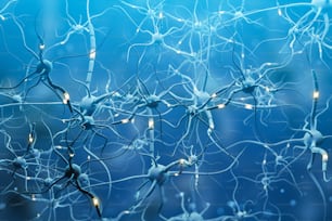 Blue neurons with glowing segments over blue background. Neuron interface and computer science concept. 3d rendering copy space