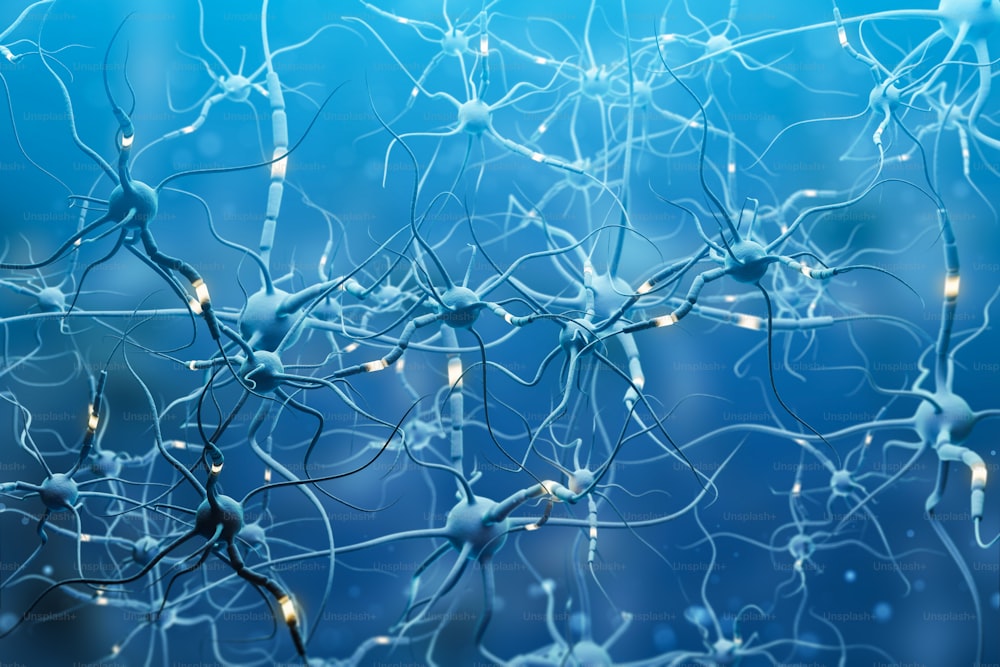 Neurones bleus avec des segments brillants sur fond bleu. Interface neuronale et concept informatique. Espace de copie de rendu 3D