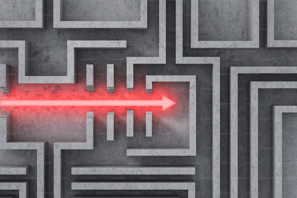 Top view of lava hot straight arrow burning through concrete wall maze on its way to the goal. Concept of business goal achievement and overcoming challenges. 3d rendering