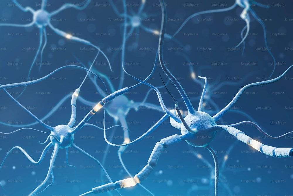 Blaue Neuronen mit leuchtenden Segmenten auf blauem Hintergrund. Neuronenschnittstelle und Informatikkonzept. Nahaufnahme des 3D-Rendering-Kopierraums