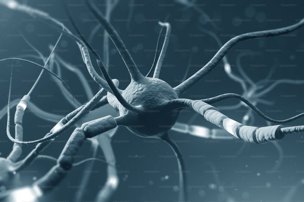 Primo piano del neurone grigio con segmenti luminosi su sfondo grigio. Interfaccia neuronale e concetto di informatica. Spazio di copia del rendering 3D