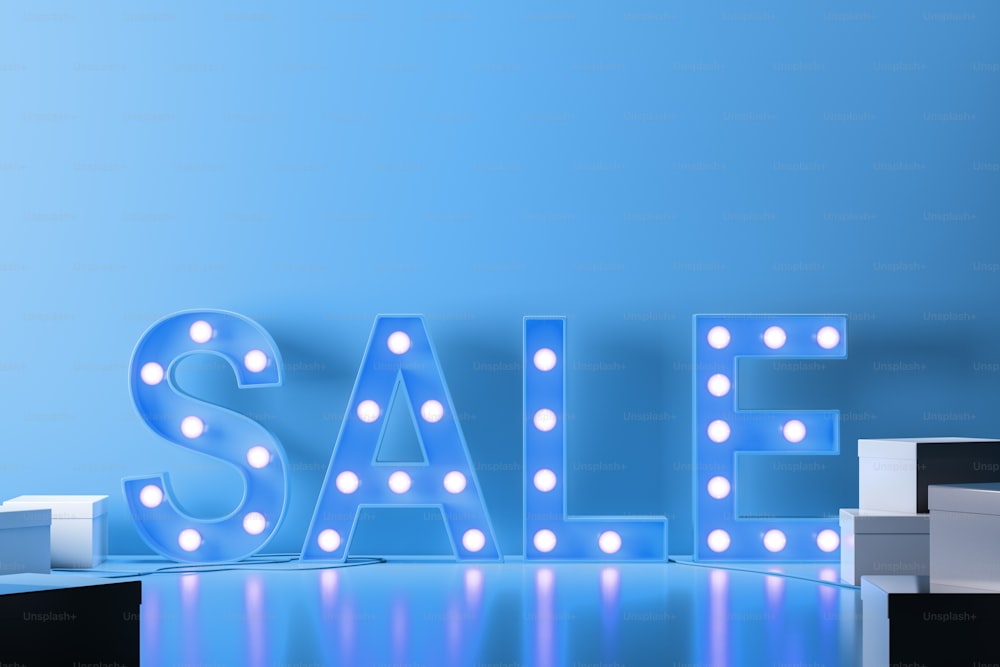 Glowing light bulbs blue sale sign standing in a blue room with closed white cardboard boxes. Concept of successful business and consumerism. 3d rendering copy space