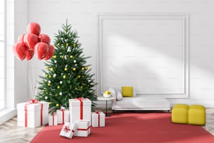 Interior da sala de estar de parede branca com piso de madeira, tapete vermelho e sofá branco. Árvore de Natal decorada com presentes e balões no canto. Espaço de cópia de renderização 3D