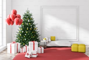 Interno del soggiorno a parete bianca con pavimento in legno, moquette rossa e divano bianco. Albero di Natale decorato con regali e palloncini nell'angolo. Spazio di copia del rendering 3D